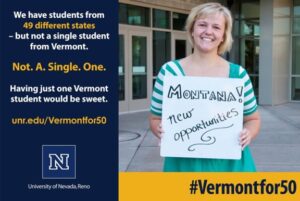 Girl from Montana holding a #VermonthFor50 campaign sign for University of Nevada, Reno