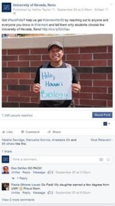 Sample Facebook post from the University of Nevada, Reno #VermonthFor50 Campaign