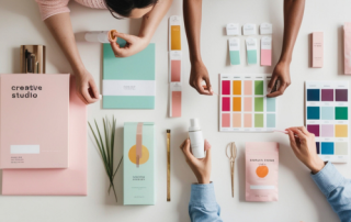 a table full of colorful branding materials with three people busy at work with their hands