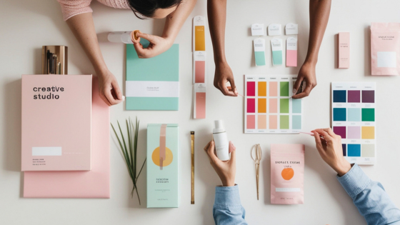 a table full of colorful branding materials with three people busy at work with their hands